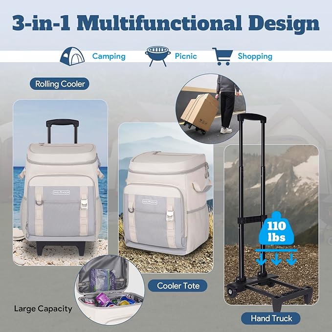 INSMEER Cooler with Wheels and Handle, 80 Cans/50L Rolling Cooler, Portable Soft Sided Cooler with Wheel, 2-in-1 Collapsible Trolley Cart, Large Coolerbag for Grocery Shopping