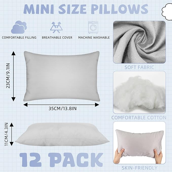 Kigley 12 Pack Mini Pillows for Daycare 9.1 x 13.8'' Small Travel Pillow Bulk Soft Breathable Cotton Pillow for Nap Travel Pet Neck Lumbar Purse Insert(Light Gray)