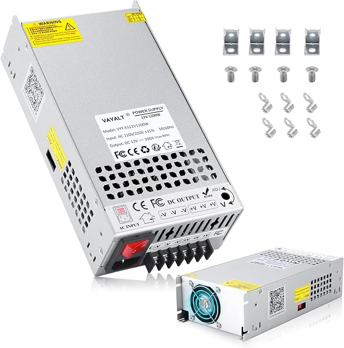 VAYALT 12V 100A 1200W DC Switching Power Supply, Universal Regulated Switching AC 110V/220V to DC 24V Transformer, Power Supply for Industrial, CCTV, Computer Project, LED Strip Light(No Power Cord)