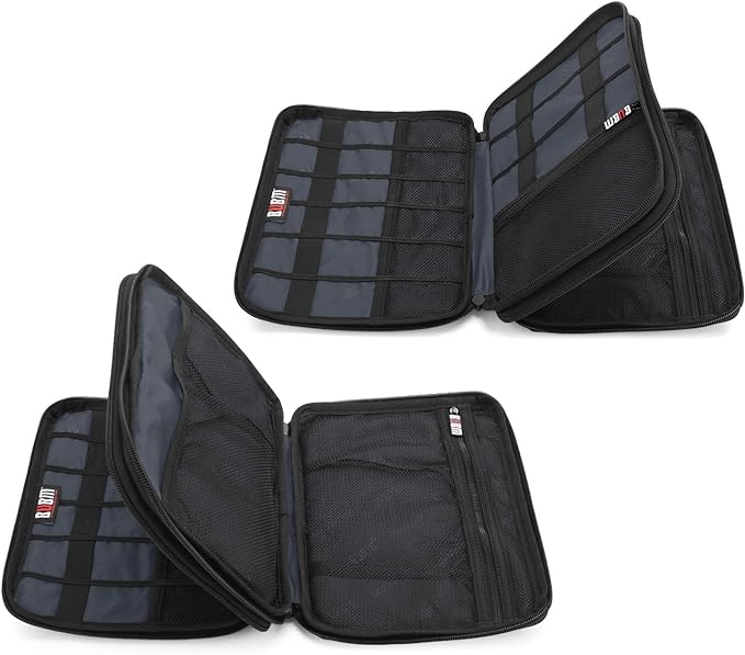 BUBM Double Layer Electronic Accessories Organizer, Travel Gear Bag for Cables, USB Flash Drive, Plug and More, Perfect Size Fits for iPad Mini (Medium, Blue)