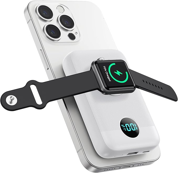 Pxwaxpy Magnetic Portable Charger 10800mAh,4-in-1 Power Bank with iWatch Charger, 25W PD Fast Charging USB C Battery Pack for Magsafe,iPhone 17/16/15/14/13/12 Series,Apple Watch (White)