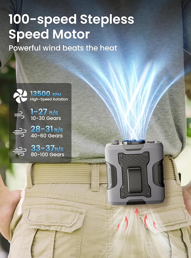 Koonie Portable Waist Clip Fan, Wearable Belt Personal Device with 100 Levels Speeds, Rechargeable Battery Supports 24H Working Time, Cool Clip Fan Under Shirt for Outdoor Work Camping Travel