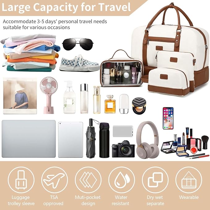 Wogarl 4PCS Weekender Bags for Women Large Overnight Weekend Travel Duffel Carry on Shoulder with Shoe Compartment Canvas Toiletry Bag for Travel Business Gym