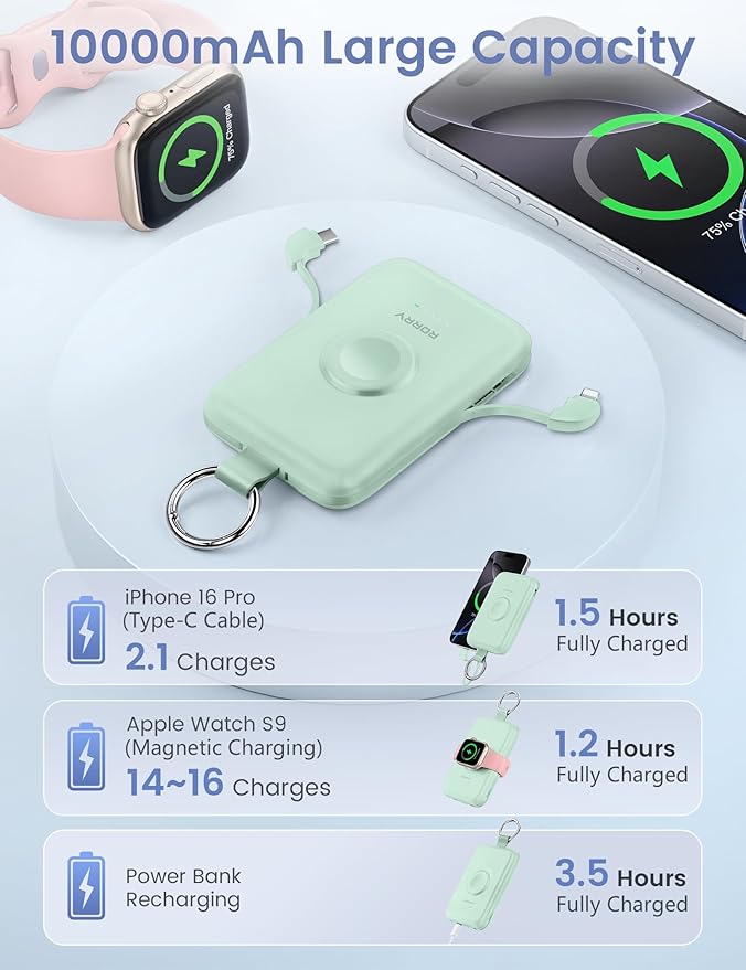 RORRY CharmGo Portable Charger, 10000mAh 20W Fast Charging Portable Charger Power Bank with Built in Cables, Travel Battery Pack for iPhone 17/16/15/14/13/12 and Apple Watch, Green