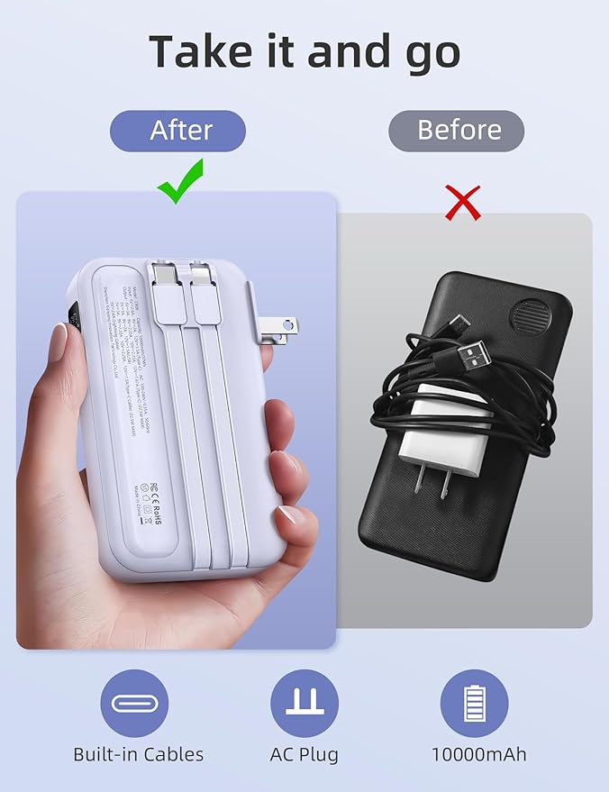RORRY Portable Charger Built in Cables, AC Wall Plug in Portable Charger Power Bank 10000mAh Travel Battery Pack 22.5W Fast Charging for iPhone 17/16/15 Samsung Galaxy S25/S24 Pixel LG iPad, Purple