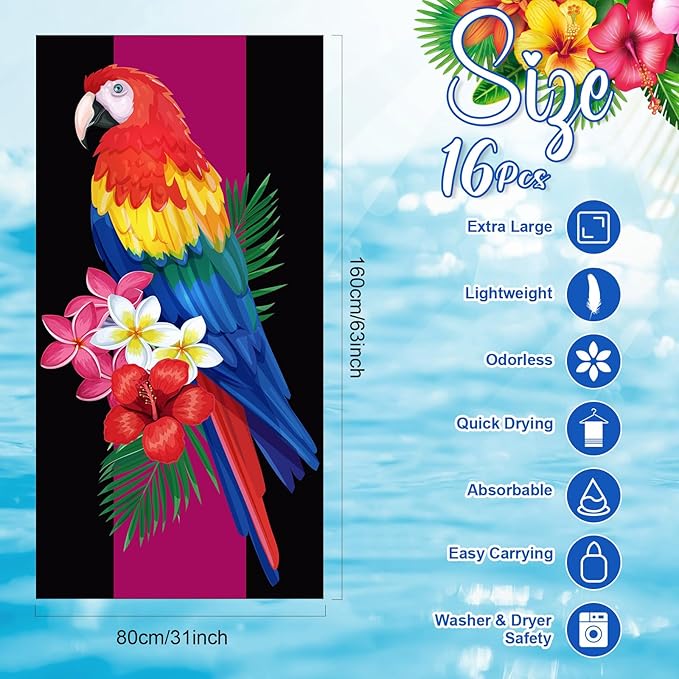 Redbaker 16 Packs 31 x 63 Inches Oversized Hawaiian Beach Towel Bulk Extra Large Pool Towels Set Microfiber Quick Dry Swim Towel Blanket for Women Men Adult Bath Travel(Vibrant Color)