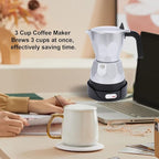 Electric Mocha Pot, 3 Cup Aluminum Machine Portable Electric Italian Cuban Coffee Maker with Detachable Base, Mocha Maker for Home Travel Office (Silver)