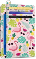 Yonlevres Flamingo Credit Card Holder Slim Wallet Women, Tropical Leaf RFID Blocking Small Wallet Woman, Front Pocket Travel Cute Thin ID Window PU Leather Mini Organizer Case Purse Gift Girls Ladies