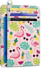 Yonlevres Flamingo Credit Card Holder Slim Wallet Women, Tropical Leaf RFID Blocking Small Wallet Woman, Front Pocket Travel Cute Thin ID Window PU Leather Mini Organizer Case Purse Gift Girls Ladies