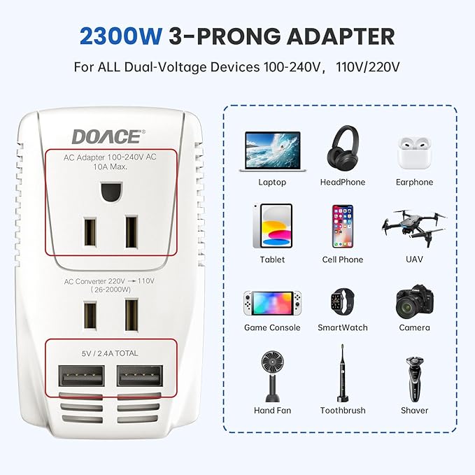 Upgraded 2000W 220V to 110V Converter for European Travel, Voltage Converter US to Europe for Hair Dryer Straightener Curling Iron, 2300W Adapter with EU/UK/AU/US Plugs for Laptop Camera Cell Phone