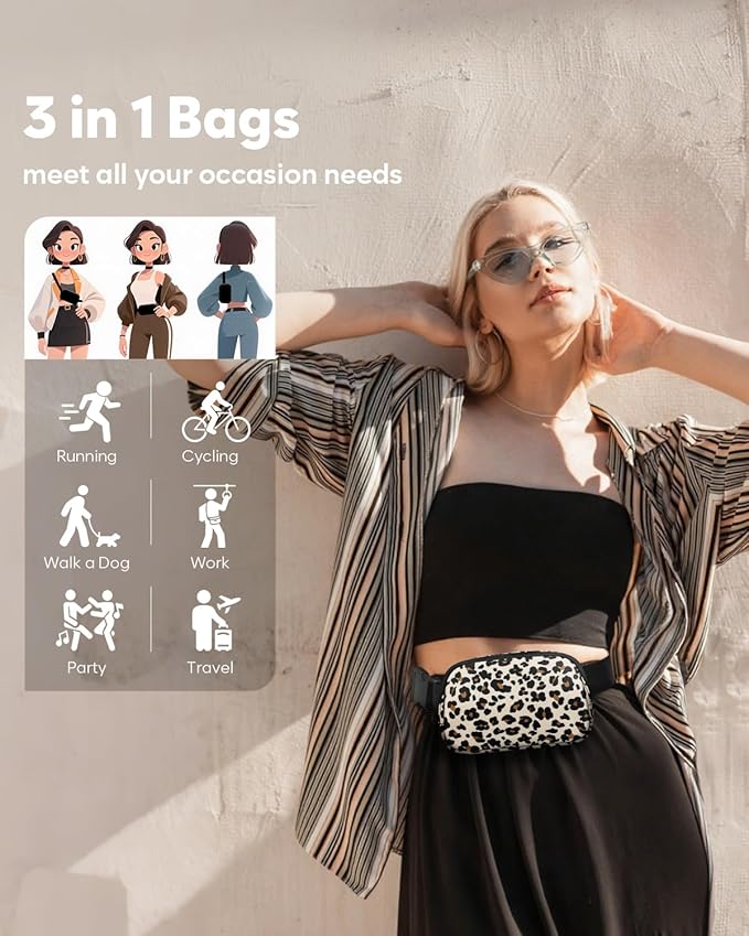 Pritent Fanny Packs for Women Cross Body Bag Waterproof Belt Bag with Adjustable Strap and Zipper Back Pocket Small Crossbody Bags Fashion Waist Packs for Workout Travelling(Leopard)