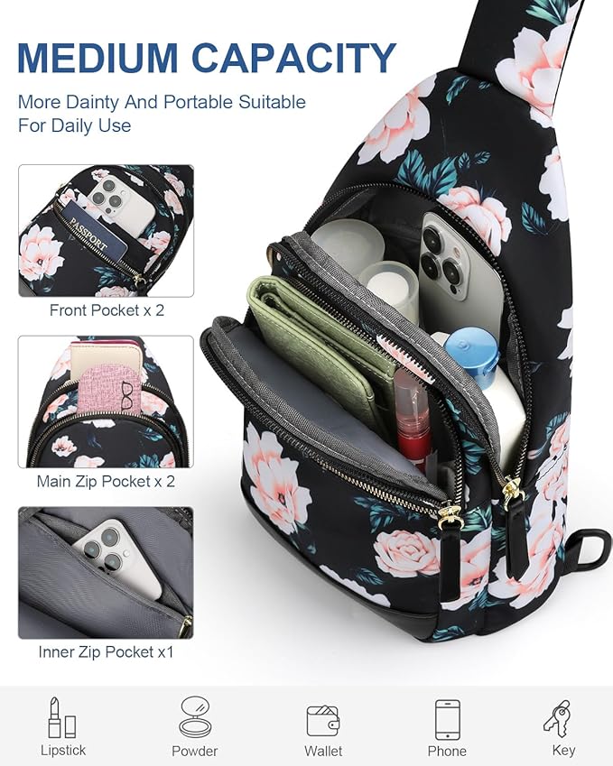 Capolo Sling Bag for Women Men Waterproof Crossbody Bags for Women Trendy Casual Fanny Pack with Convertible Shoulder Strap Chest Bag for Travel Hiking(Black Flower, Medium)