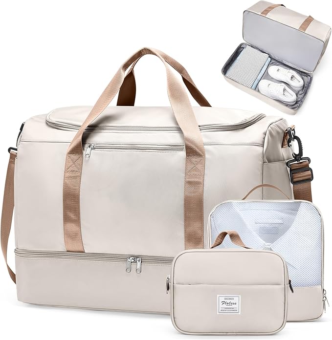 Extra Large Travel Duffle Bag,Carry on Overnight Weekend Bag with Shoes Compartment,Weekender Bags for Women for Travel Business Trips Sport Hospital,3 Pcs Set,Beige & Brown