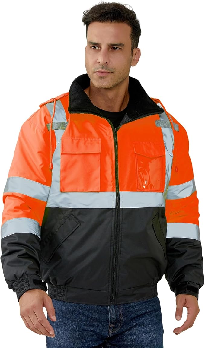 HYCOPROT Hi-Vis Safety Jacket for Men High Visibility Reflective Bomber Winter Waterproof Work Construction Coat ANSI Class 3