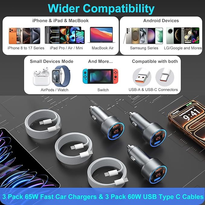 4-Port 65W Fast Car Charger USB C for iPhone 17/16/15/14/13 Pro Max, 3 Pack Dual 12V USB-A&C Car Phone Charger Cigarette Lighter Adapter for Galaxy A16/S25/S24/S23 Ultra+6FT USB-C Cable