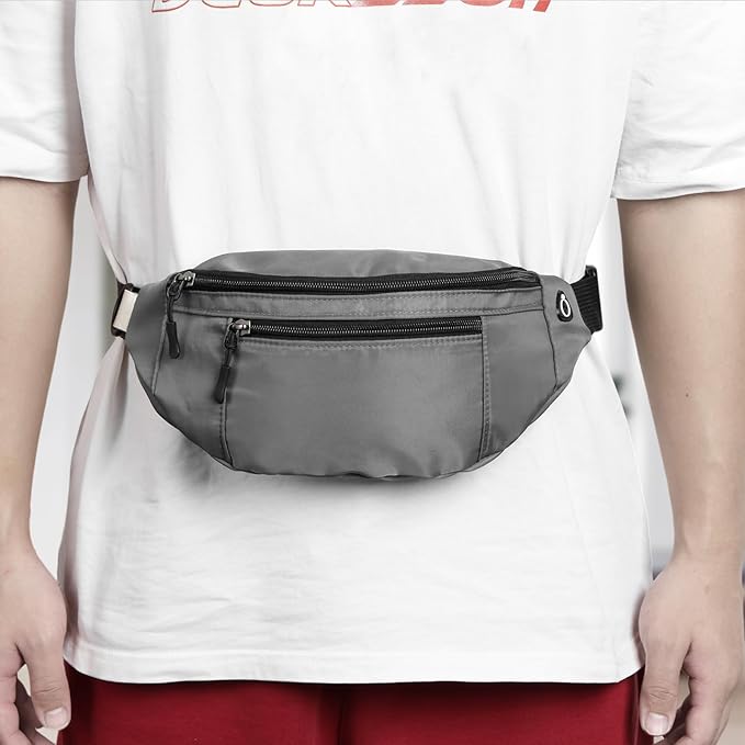 5PCS Crossbody Fanny Pack Bulk,Large Capacity Waist Bag with 4-Zipper Pockets Adjustable Strap Fanny Packs Waterproof Oxford Cloth Travel Belt Bag for Outdoor Shopping Travel Men Women,Gray