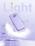 miisso Ultra Slim 10000mAh Power Bank Built-in Cables and Foldable AC Wall Plug, Pocket Size USB C Portable Charger, External Battery Pack Compatible with iPhone Samsung, Purple