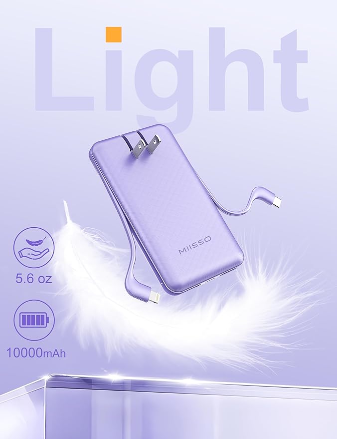 miisso Ultra Slim 10000mAh Power Bank Built-in Cables and Foldable AC Wall Plug, Pocket Size USB C Portable Charger, External Battery Pack Compatible with iPhone Samsung, Purple