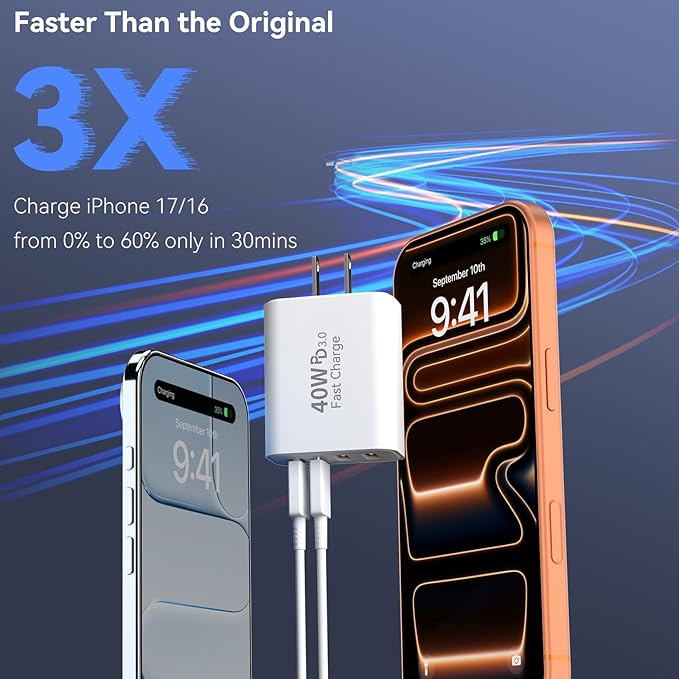 USB C Wall Fast Charger Block, 40W 4-Port Type C Chargers Fast Charging Blocks PD Power Charger Adapter+QC 3.0 USB Multiport Charger Brick for Phone 17/16/15/14/13/12 Pro Max, i-Pad, Galaxy S25-3Pack