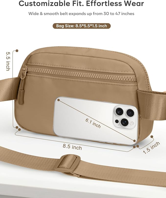 Pritent Fanny Packs for Women Cross Body Bag Waterproof Belt Bag with Adjustable Strap and Zipper Back Pocket Small Crossbody Bags Fashion Waist Packs for Workout Travelling(Khaki)