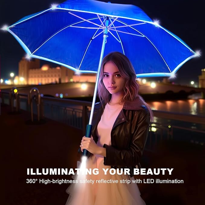 Auto-Open Light Up LED Rain Umbrella,32" Handheld Sun Wind Umbrella with Bottom Flashlight and Safety Reflective Strip for All Ages Boys/Girls/Adults