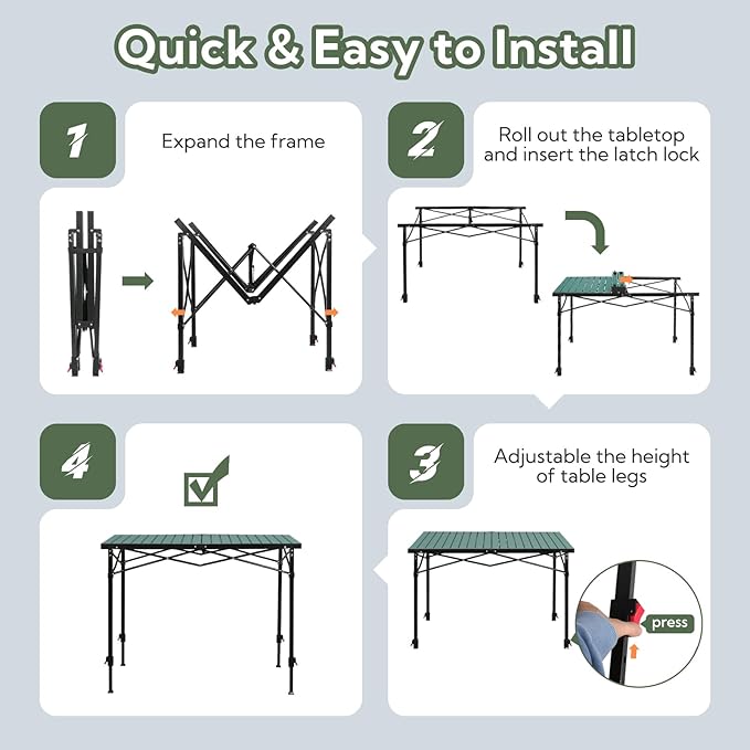 Join Nature Portable Outdoor Adjustable Height Camping Table, Large for 2-6 Person, Foldable Roll-up Aluminum Camp Table with Carry Bag for Picnic, Camp, Sturdy, Stable, Loads 220 Lbs (Green)