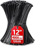 Zip Ties 12 inch, 4000 Pack Heavy Duty Black Zip Ties with 120 lbs Tensile Strength, Self-Locking Nylon Cable Ties,Wire Ties for indoor and outdoor use