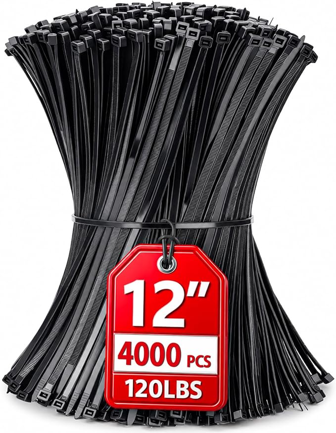 Zip Ties 12 inch, 4000 Pack Heavy Duty Black Zip Ties with 120 lbs Tensile Strength, Self-Locking Nylon Cable Ties,Wire Ties for indoor and outdoor use
