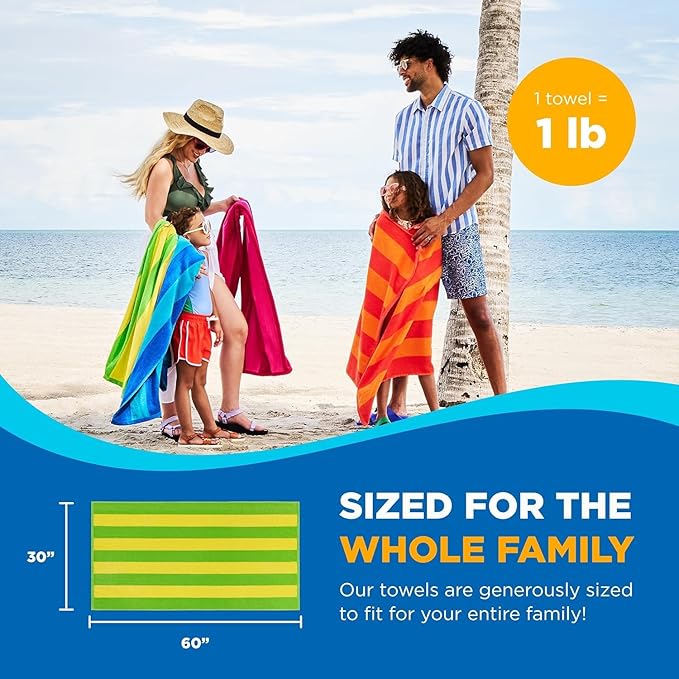 Kaufman - Soft Oversized Beach Towels in Bulk | 30" x 60" Velour Striped Beach Towel | Absorbent, Quick-Drying | 100% Cotton Thick Beach Towels (24)