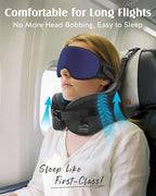 YFONG Travel Pillow for Long Flight Airplanes, Head Strap Combo with 3D Contoured Eye Mask for Sleep, Neck Pillow for Car Trip Essential, 360° Support Memory Foam Headrest, Prevent Bobbing, Blue