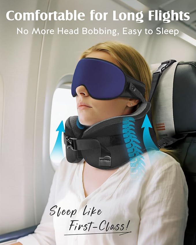 YFONG Travel Pillow for Long Flight Airplanes, Head Strap Combo with 3D Contoured Eye Mask for Sleep, Neck Pillow for Car Trip Essential, 360° Support Memory Foam Headrest, Prevent Bobbing, Blue