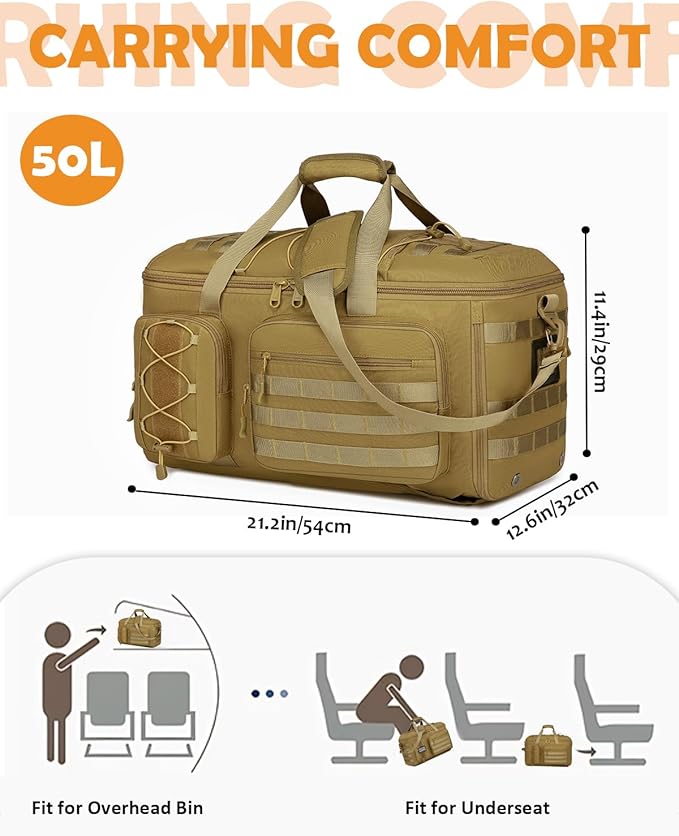 50L Gym Bags for Men, 3 in 1 Travel Duffle Bag with Shoe Compartment, Tactical Military Backpack for Overnight Weekender Gym Traveling Workout Deployment