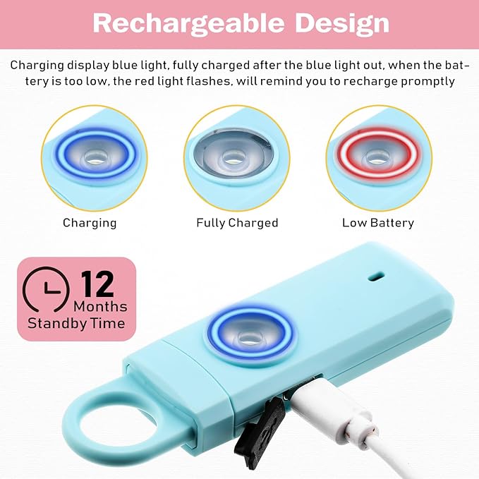Tellegloww 6 Pcs Rechargeable Personal Safety Alarm for Women, 130db Personal Alarm Protection Keychains Loud Siren with LED Self Defense Keychain for Senior Mom Gift(White,Pink,Bule,Black,Keychain)