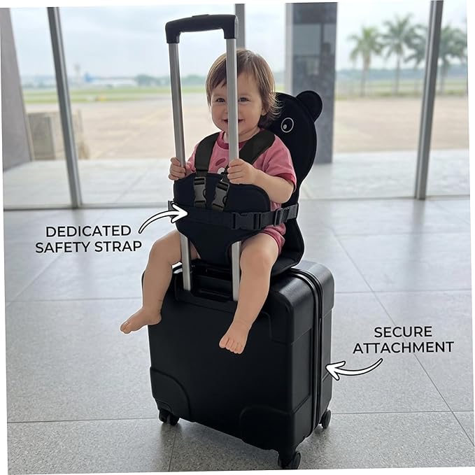 Cartoon Bear Kids Suitcase Seat with Safety Strap, Toddler Travel Essential, Luggage Seat for Family Travel, Comfortable Ride for Kids, Black