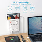 USB Wall Outlet Extender with On Off Switch, Surge Protector Outlet,6 AC Multi-Plug with 3 USB Ports (1 USB C), 490 Joules, Flat Socket Splitter with Spaced Outlet for Home, Office, College