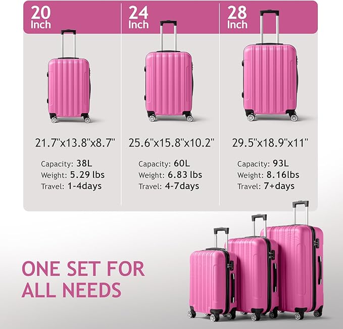 3 Piece Luggage Sets, Lightweight ABS Suitcase with 4 Spinner Wheels ＆ TSA Locks, Hardside Carry On Luggage Durable Suitcase Set for Family Travel Business - Pink, 20/24/28