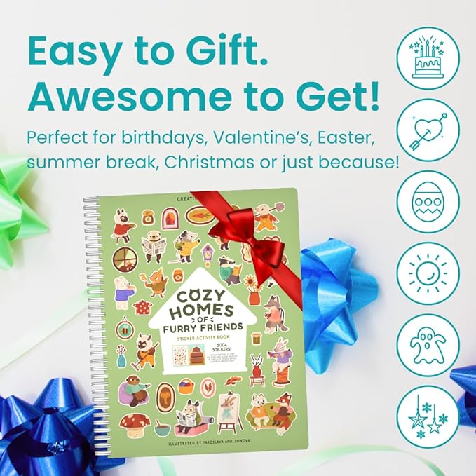 Cozy Homes of Furry Friends 500+ Sticker Book by Cupkin Fun Toddler Calendar Activity Coloring + Sticker Book, Road Trip Essentials, 12 Coloring Pages + Scenes for Ages 2–8 Years