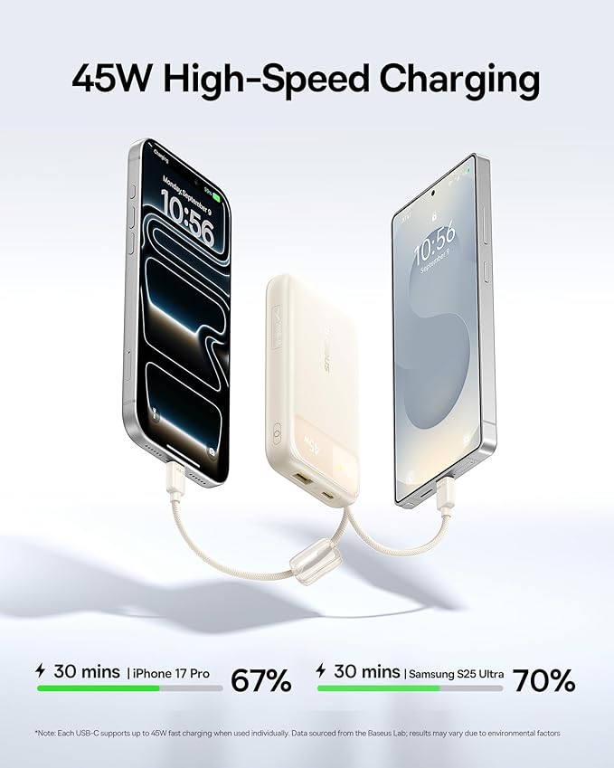 Baseus 20000mAh Compact Portable Charger 45W Built-in Dual USB-C Cables, Bundle for MagSafe Portable Charger, Qi2 Certified 15W Wireless Magnetic Power Bank 10000mAh with USB-C Cable 22.5W