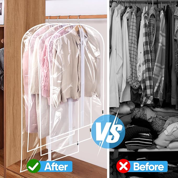 BALEINE 60'' Clear Garment Bags, 2 Packs PEVA Dress Bag for Closet Clothes Dresses Suit Coats Storage (Clear, 2PK)