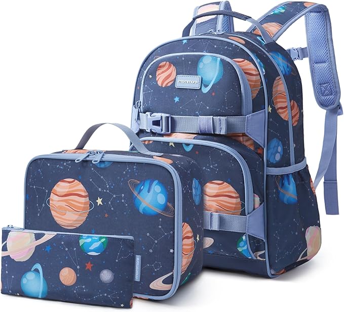 mommore Kids Backpack for Boys 4-8 with Lunch Box Elementary Kindergarten Preschool School Backpack 15'' Fit Folders Bottles, Galaxy
