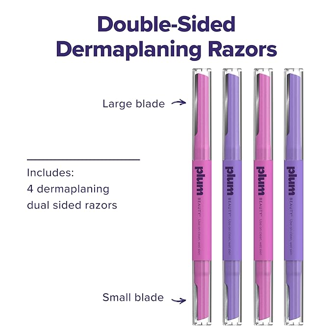 Plum Beauty Double-Sided Dermaplaning Razors (4-Pack) – Dual-Blade Facial Razors for Women - Precision & Large Blades for Brows, Upper Lip, & Cheeks - Peach Fuzz Remover & Exfoliating Face Tool
