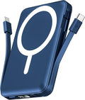 podoru for Magsafe Battery Pack, 10000mAh Magnetic Power Bank Built-in Double USB C Cables 20W PD Fast Charging LED Display Wireless Portable Charger for iPhone 17/16/15/14/13/12 Series-Navy Blue