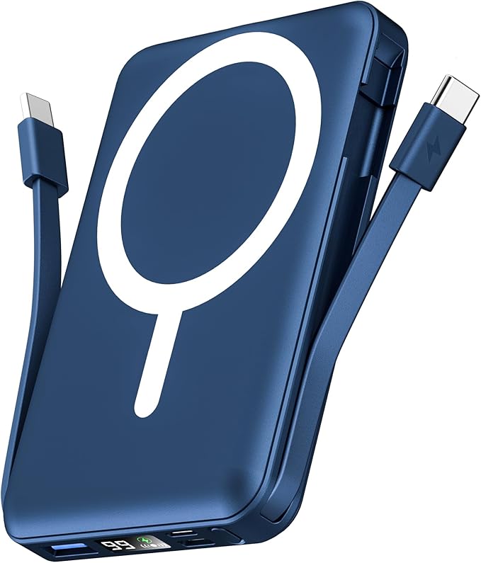 podoru for Magsafe Battery Pack, 10000mAh Magnetic Power Bank Built-in Double USB C Cables 20W PD Fast Charging LED Display Wireless Portable Charger for iPhone 17/16/15/14/13/12 Series-Navy Blue