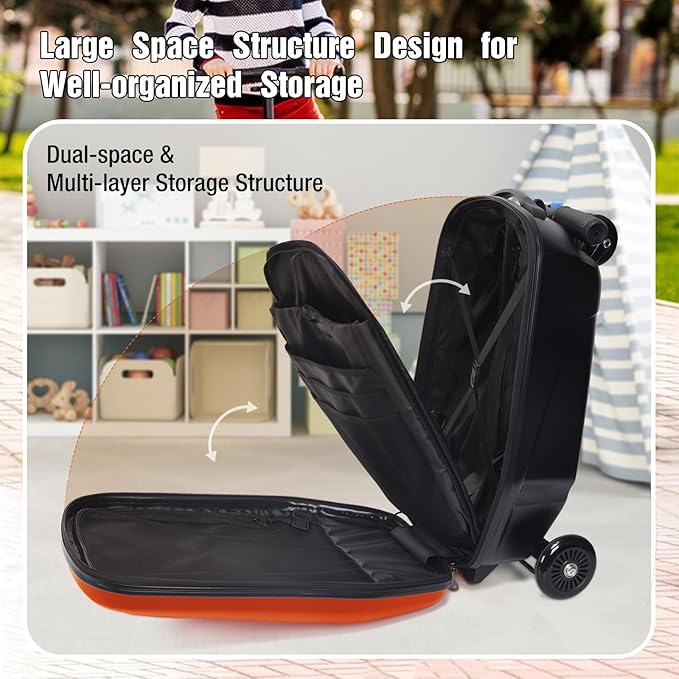2-in-1 Ride-On Scooter Suitcase for Kids & Adults, 20” Foldable Hardshell Carry-On Luggage for Travel, Lightweight Kids Scooter Bag with Wheels