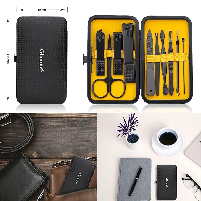 Glamne Manicure Set Nail Clippers Kit Professional Stainless Steel Nail Care Tools with Leather Travel Case 10 in 1 Yellow