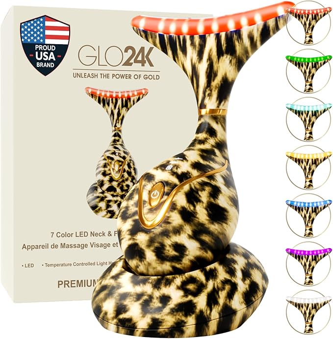 GLO24K 7 Color Beauty Device – Triple LED Action & Vibration Technology Facial and Neck Massager (Cheetah, 1 Pack)