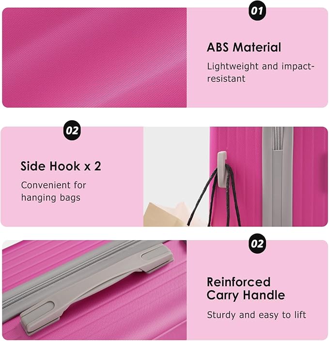 Luggage Sets 3 Piece with Double Spinner Wheels, Carry on Hardshell ABS Suitcases Set with TSA Lock, Lghtweight Checked Luggage for Different Travelling (Pink, 20"/24"/28")