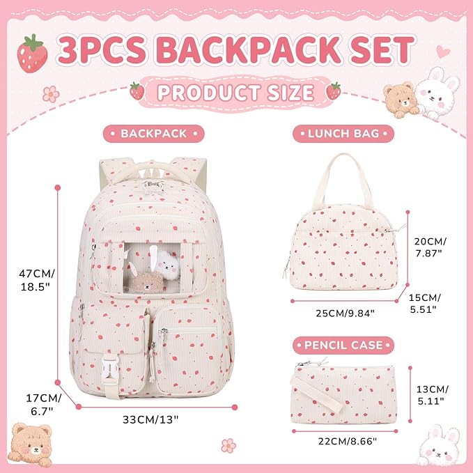 PIG PIG GIRL Corduroy Backpack 3PCS Kids Backpack for Girls School Bags for Middle School Students Book Bag for Elementary Primary Kawaii Ita Backpack with Lunch Box Pencil Case Set, Beige Strawberry