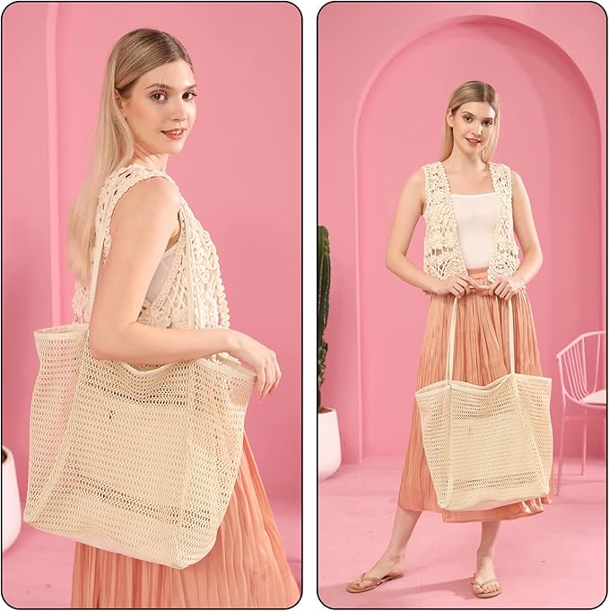 Iioscre Beach Bag for Women, Causal Hobo Pool Bags with Zipper Inner Pocket, Foldable Swim Tote Bag for Vacation Essentials