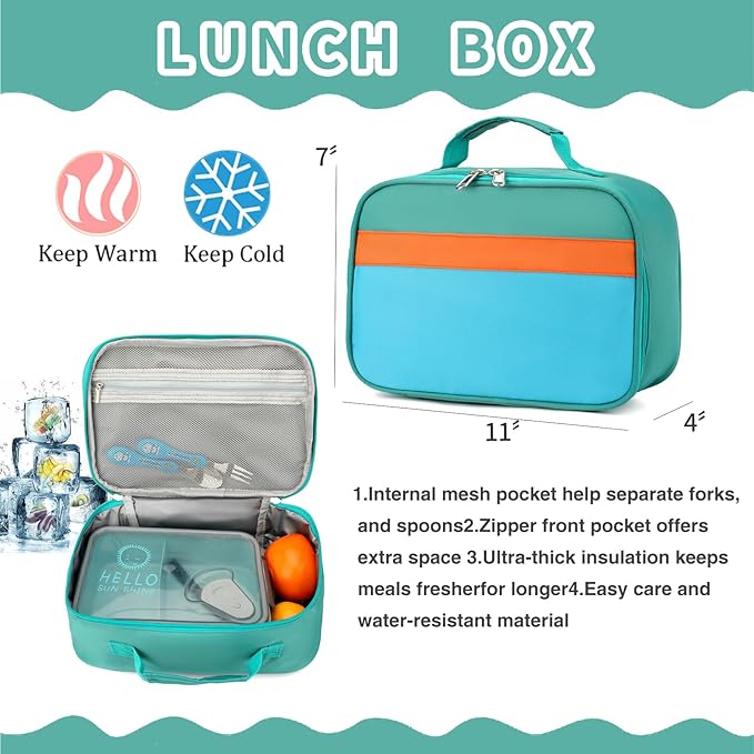 Backpack Set for Girls Boy Kids Backpack with Lunch Box for Elementary Primary Kindergarten School Bag (Lake Green Blue Set, Large)